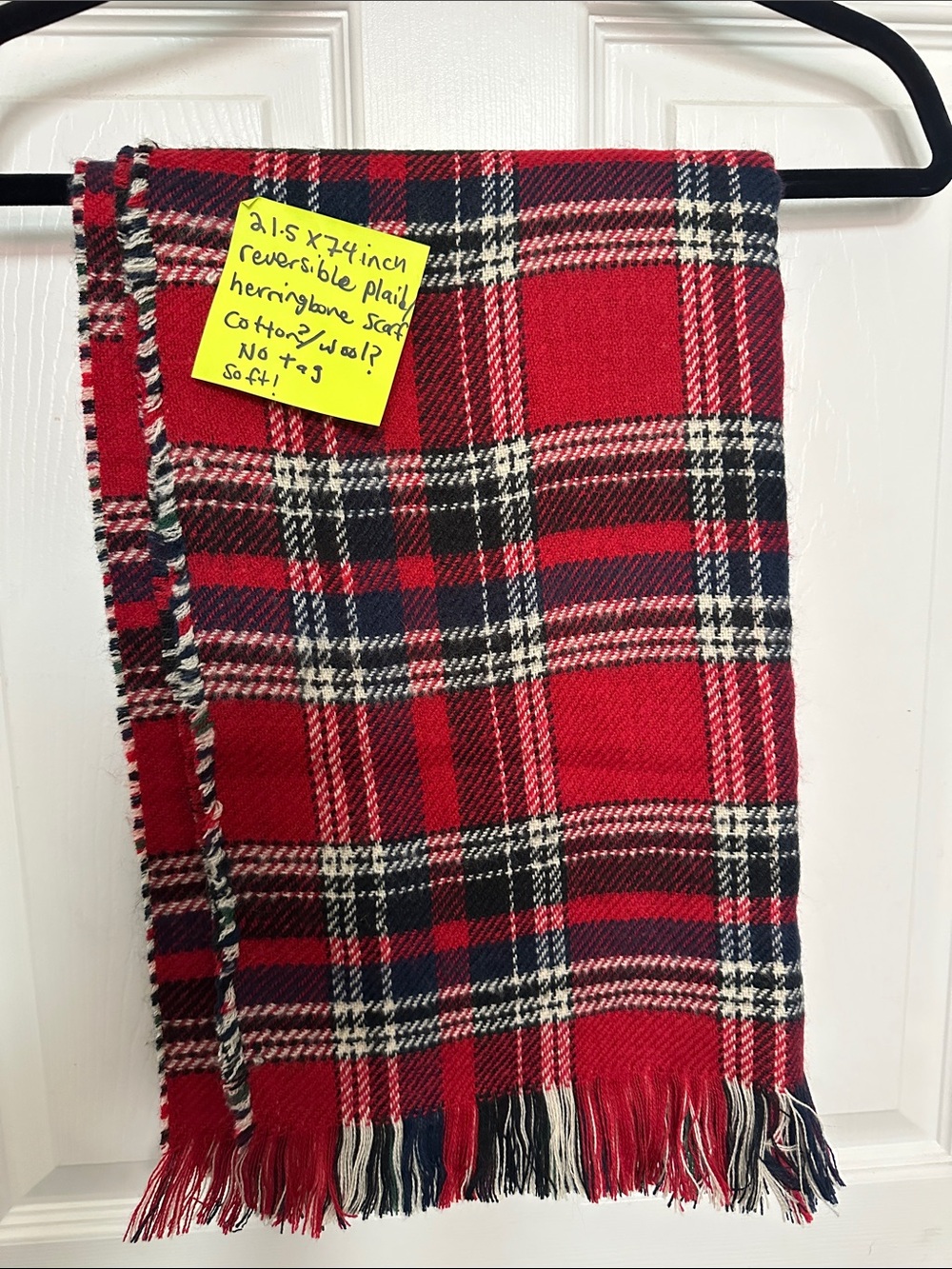 Red Black and White Reversible Herringbone and Plaid Fringe Scarf